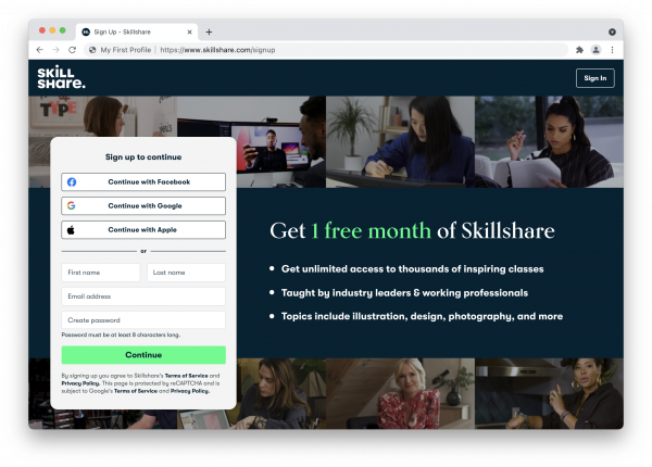 Create a Skillshare account for free